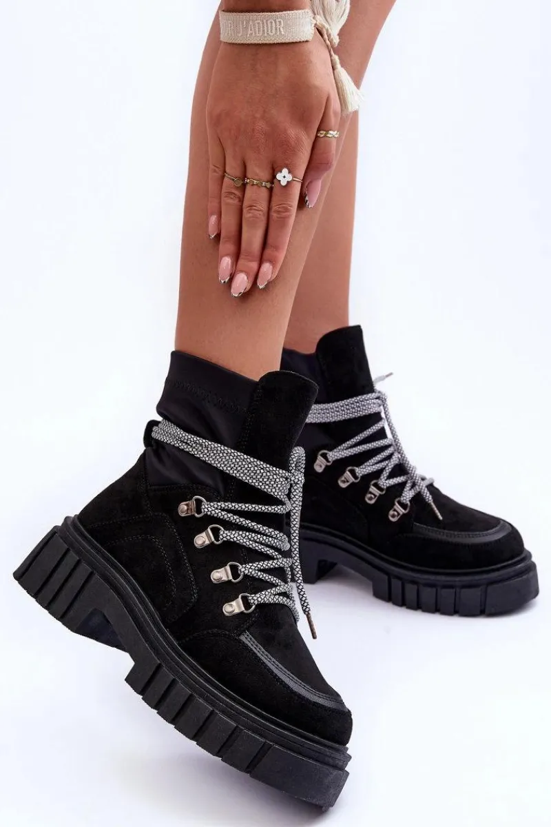 Boto Damskie Zamszowe Botki Sznurowane Czarne Acorn Czarny