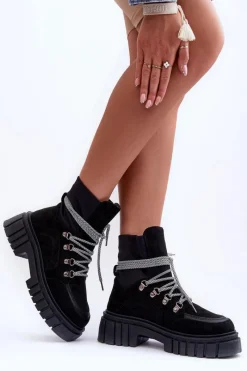 Boto Damskie Zamszowe Botki Sznurowane Czarne Acorn Czarny