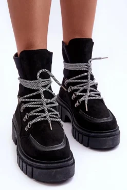 Boto Damskie Zamszowe Botki Sznurowane Czarne Acorn Czarny