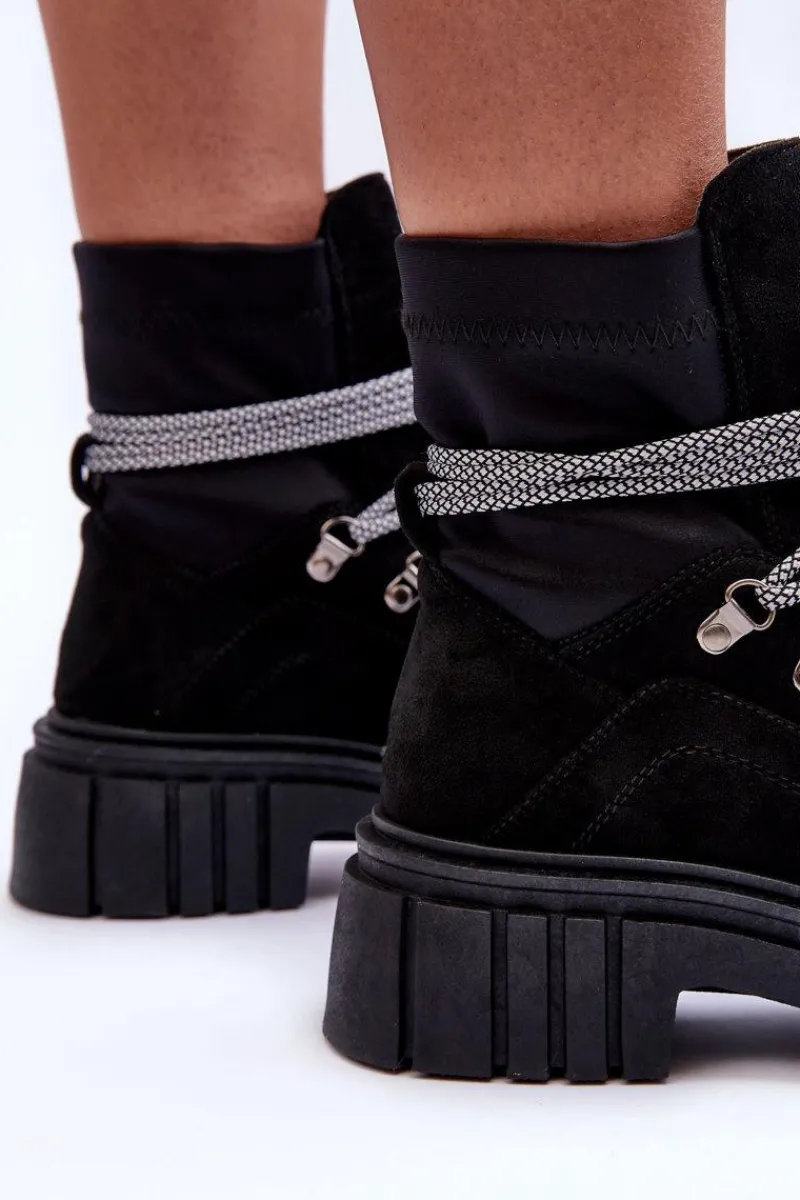 Boto Damskie Zamszowe Botki Sznurowane Czarne Acorn Czarny