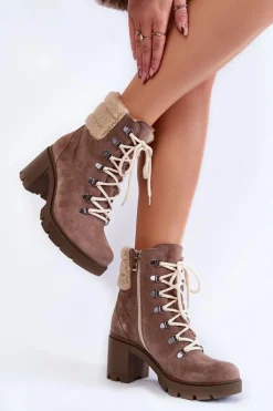 Damskie Trapery|Botki Skórzane>Boto Damskie Zamszowe Botki Sznurowane Na Obcasie Brązowe Lemar Fenya