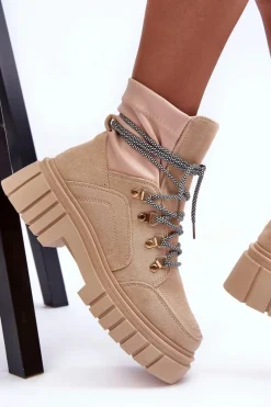 New Boto Damskie Zamszowe Botki Sznurowane Beżowe Acorn Beżowy