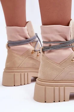 New Boto Damskie Zamszowe Botki Sznurowane Beżowe Acorn Beżowy