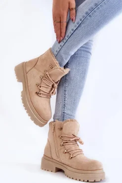 New Damskie Zamszowe Botki Trapery Beżowe Bellita Damskie Damskie Trapery|Botki Sznurowane