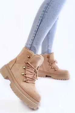New Damskie Zamszowe Botki Trapery Beżowe Bellita Damskie Damskie Trapery|Botki Sznurowane