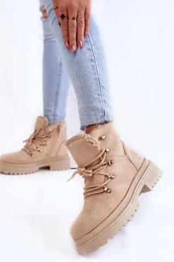 New Damskie Zamszowe Botki Trapery Beżowe Bellita Damskie Damskie Trapery|Botki Sznurowane