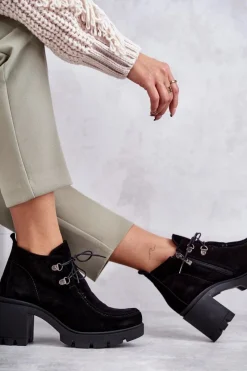 Botki Wiosenne|Botki Ocieplane>Boto Damskie Zamszowe Botki Wiązane Czarne Lemar Marianne