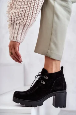 Botki Wiosenne|Botki Ocieplane>Boto Damskie Zamszowe Botki Wiązane Czarne Lemar Marianne