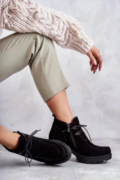 Botki Wiosenne|Botki Ocieplane></noscript>Boto Damskie Zamszowe Botki Wiązane Czarne Lemar Marianne