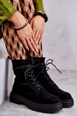 Botki Sznurowane|Czarne Botki>Damskie buty S.Barski Damskie Zamszowe Botki Wiązane Czarne Afra Czarny