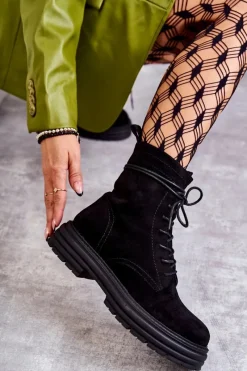 Botki Sznurowane|Czarne Botki>Damskie buty S.Barski Damskie Zamszowe Botki Wiązane Czarne Afra Czarny