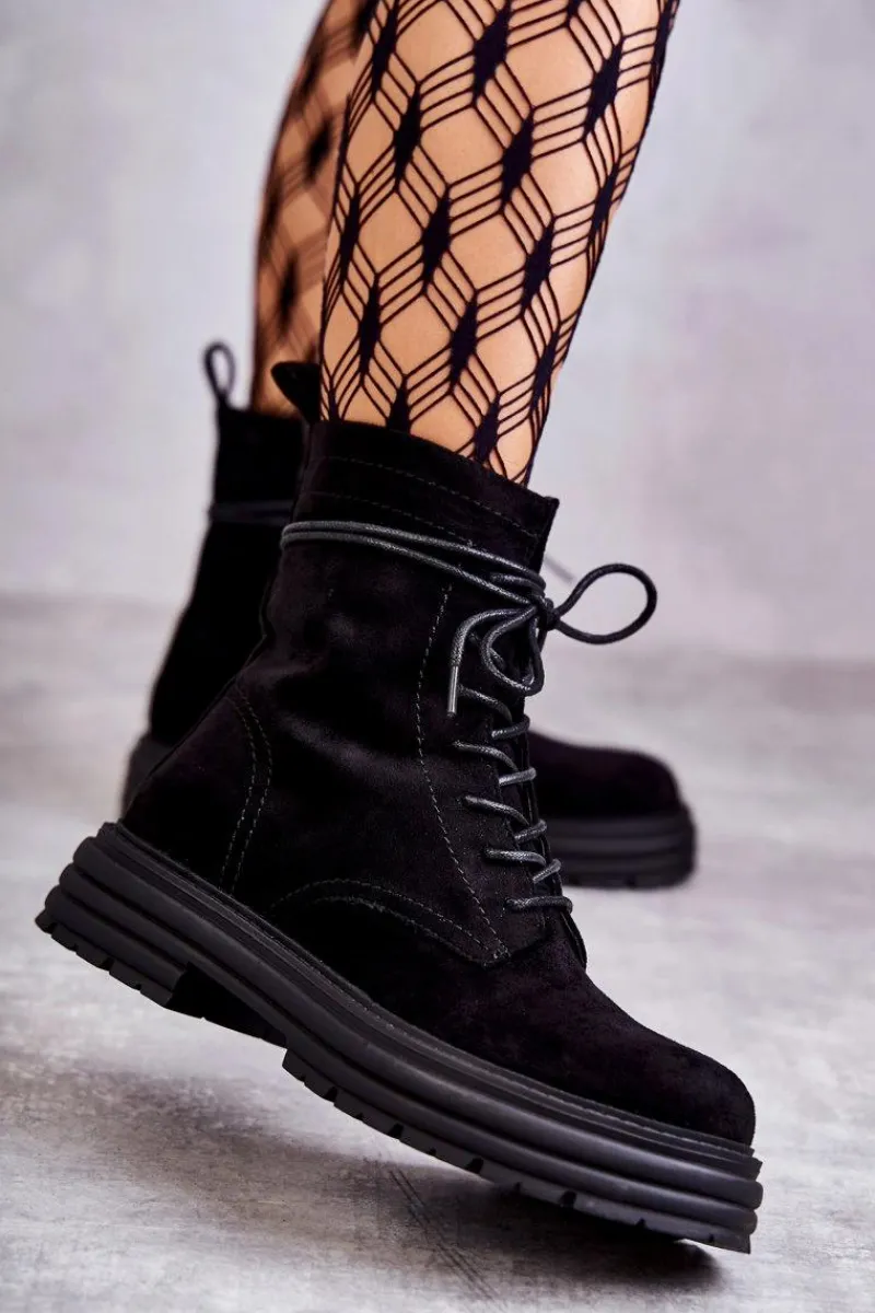 Botki Sznurowane|Czarne Botki>Damskie buty S.Barski Damskie Zamszowe Botki Wiązane Czarne Afra Czarny