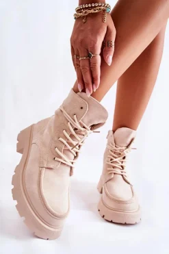 Botki Sznurowane|Botki Zimowe Damskie>Boto Damskie Zamszowe Botki Wiązane Beżowe Vanita