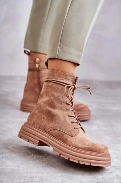 Botki Sznurowane|Czarne Botki>Damskie buty S.Barski Damskie Zamszowe Botki Wiązane Camel Afra