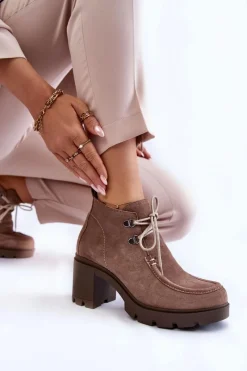 Sale Boto Damskie Zamszowe Botki Wiązane Jasnobrązowe Lemar Marianne