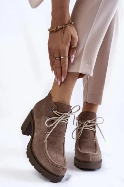 Sale Boto Damskie Zamszowe Botki Wiązane Jasnobrązowe Lemar Marianne