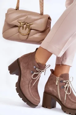 Sale Boto Damskie Zamszowe Botki Wiązane Jasnobrązowe Lemar Marianne