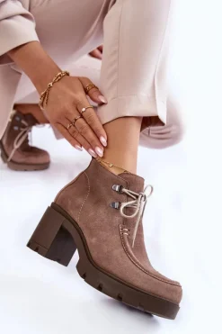 Sale Boto Damskie Zamszowe Botki Wiązane Jasnobrązowe Lemar Marianne