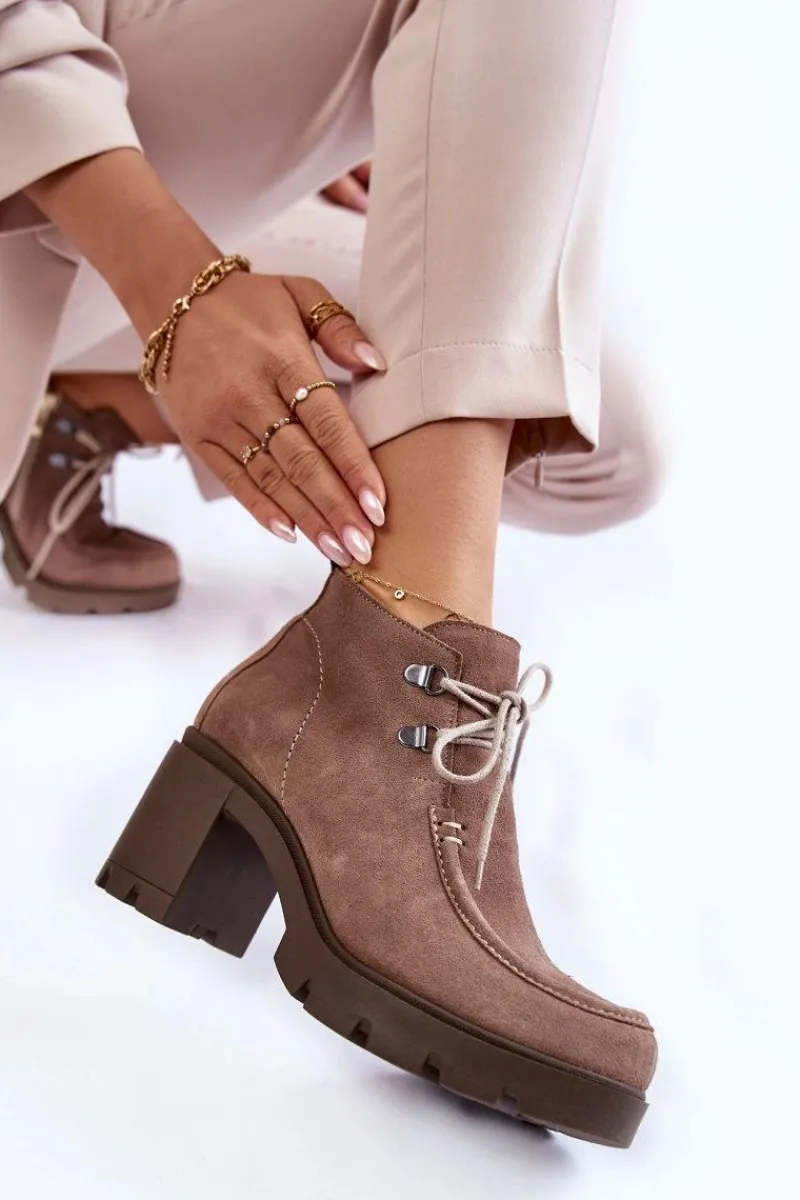 Sale Boto Damskie Zamszowe Botki Wiązane Jasnobrązowe Lemar Marianne