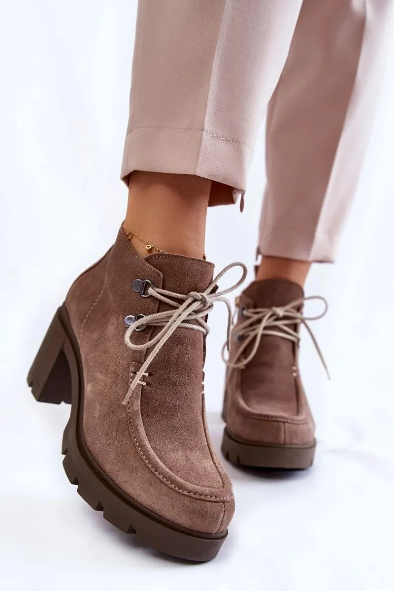 Sale Boto Damskie Zamszowe Botki Wiązane Jasnobrązowe Lemar Marianne