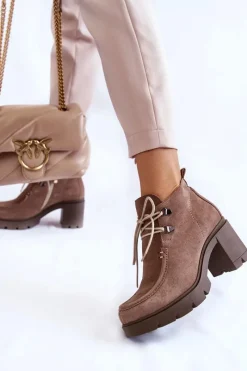 Sale Boto Damskie Zamszowe Botki Wiązane Jasnobrązowe Lemar Marianne