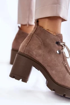 Sale Boto Damskie Zamszowe Botki Wiązane Jasnobrązowe Lemar Marianne