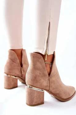 New Damskie Zamszowe Botki Z Wycięciami Khaki Noel Damskie Botki Wiosenne|Botki Na Słupku