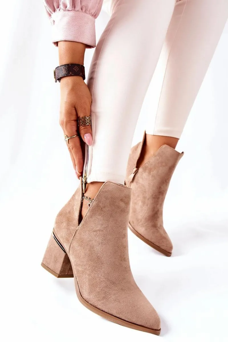 New Damskie Zamszowe Botki Z Wycięciami Khaki Noel Damskie Botki Wiosenne|Botki Na Słupku