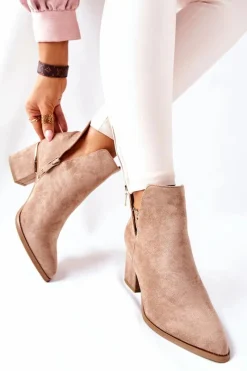 New Damskie Zamszowe Botki Z Wycięciami Khaki Noel Damskie Botki Wiosenne|Botki Na Słupku