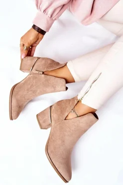 New Damskie Zamszowe Botki Z Wycięciami Khaki Noel Damskie Botki Wiosenne|Botki Na Słupku