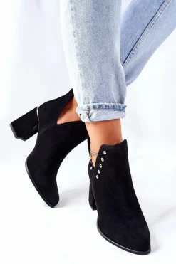 Discount Damskie Zamszowe Botki Z Wycięciami Lewski Czarne 3075 Damskie Botki Wiosenne|Botki Na Słupku