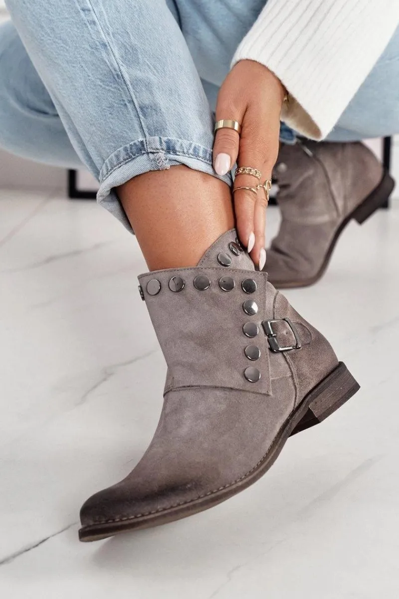 Outlet Damskie Zamszowe Botki Z Klamrą Exquisite 1198 Cappuccino Damskie Botki Wiosenne|Brązowe I Beżowe Botki