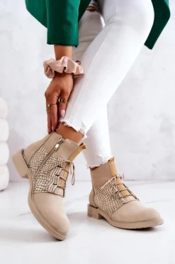 Boto Damskie Zamszowe Botki Z Wężowym Wzorem Jasnobeżowe Lemar Sonroe