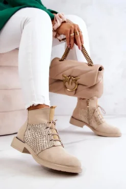 Boto Damskie Zamszowe Botki Z Wężowym Wzorem Jasnobeżowe Lemar Sonroe