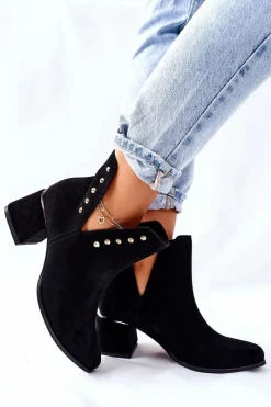 Clearance Damskie Zamszowe Botki Z Wycięciami Lewski Czarne 3074/B Damskie Botki Wiosenne|Botki Na Słupku