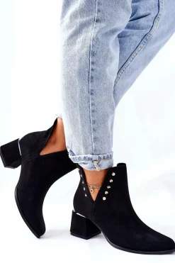 Clearance Damskie Zamszowe Botki Z Wycięciami Lewski Czarne 3074/B Damskie Botki Wiosenne|Botki Na Słupku