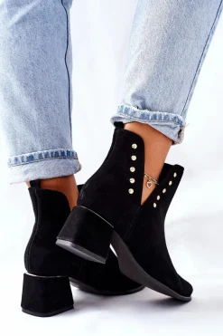 Clearance Damskie Zamszowe Botki Z Wycięciami Lewski Czarne 3074/B Damskie Botki Wiosenne|Botki Na Słupku