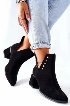 Clearance Damskie Zamszowe Botki Z Wycięciami Lewski Czarne 3074/B Damskie Botki Wiosenne|Botki Na Słupku