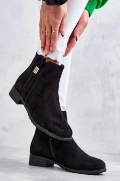 Outlet Damskie Zamszowe Botki Z Ozdobą Czarne Giana Damskie Czarne Botki|Botki Płaskie