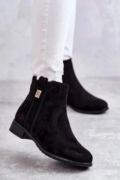 Outlet Damskie Zamszowe Botki Z Ozdobą Czarne Giana Damskie Czarne Botki|Botki Płaskie