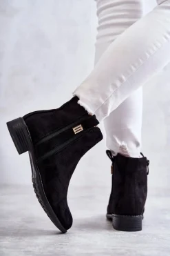 Outlet Damskie Zamszowe Botki Z Ozdobą Czarne Giana Damskie Czarne Botki|Botki Płaskie