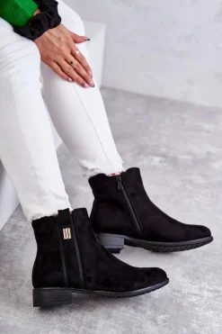 Outlet Damskie Zamszowe Botki Z Ozdobą Czarne Giana Damskie Czarne Botki|Botki Płaskie