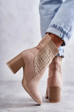 Best Damskie Zamszowe Botki Ze Skarpetą Beżowe Montes Damskie Botki Na Słupku|Botki Zimowe Damskie