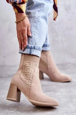 Best Damskie Zamszowe Botki Ze Skarpetą Beżowe Montes Damskie Botki Na Słupku|Botki Zimowe Damskie
