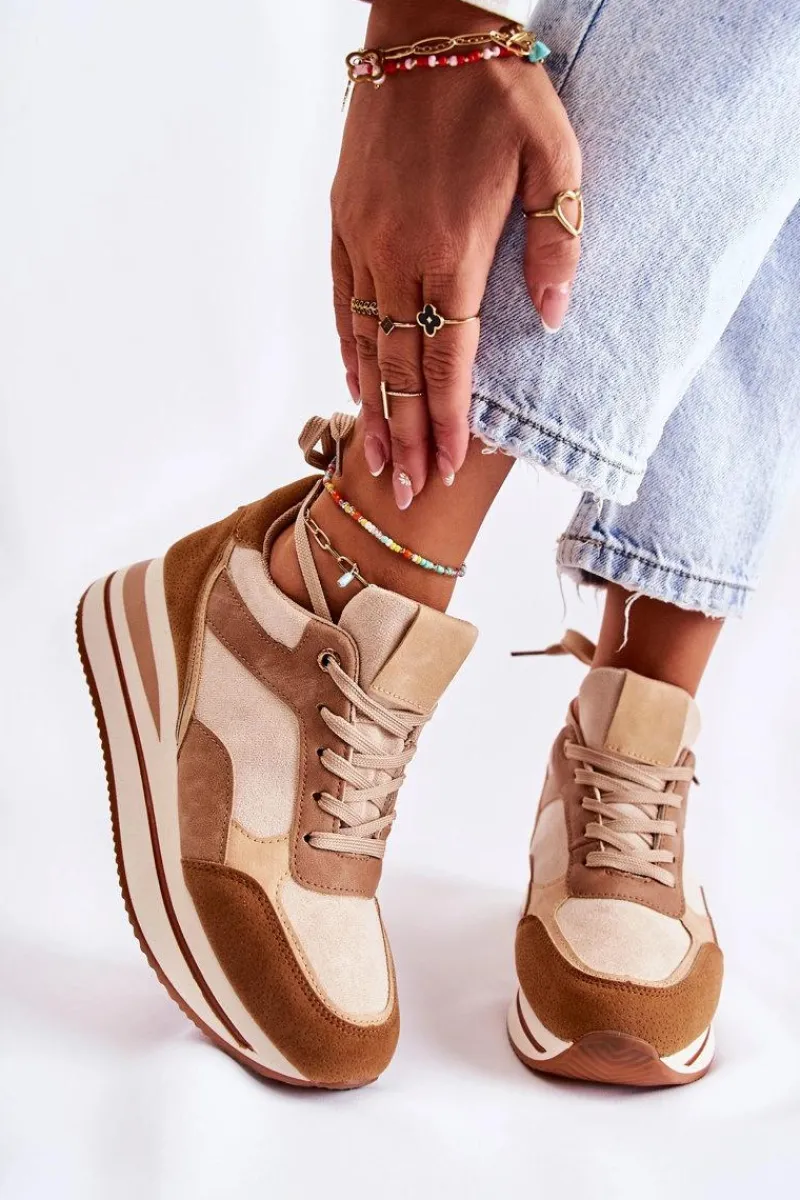 Sale Damskie Zamszowe Buty Sportowe Brązowo-Beżowe Elisse Damskie Sneakersy Damskie