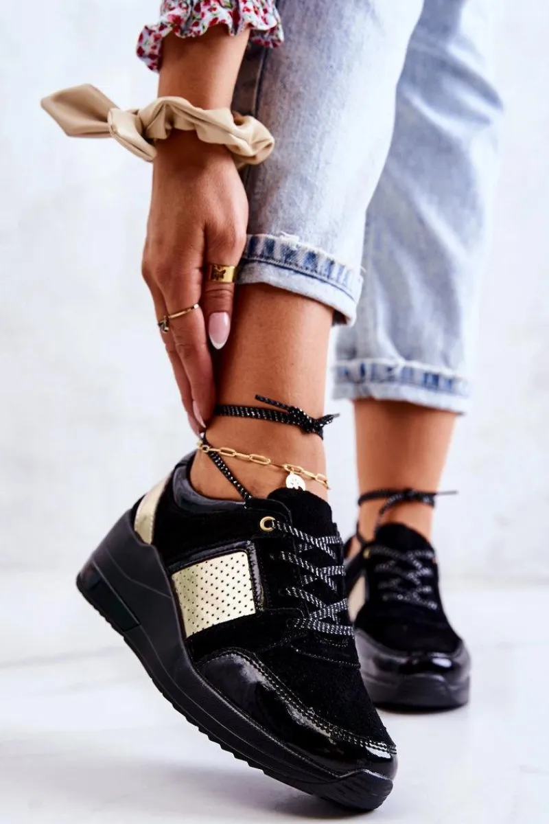 Sneakersy Damskie>Damskie buty S.Barski Damskie Zamszowe Buty Sportowe Na Koturnie Czarne Larson Czarny