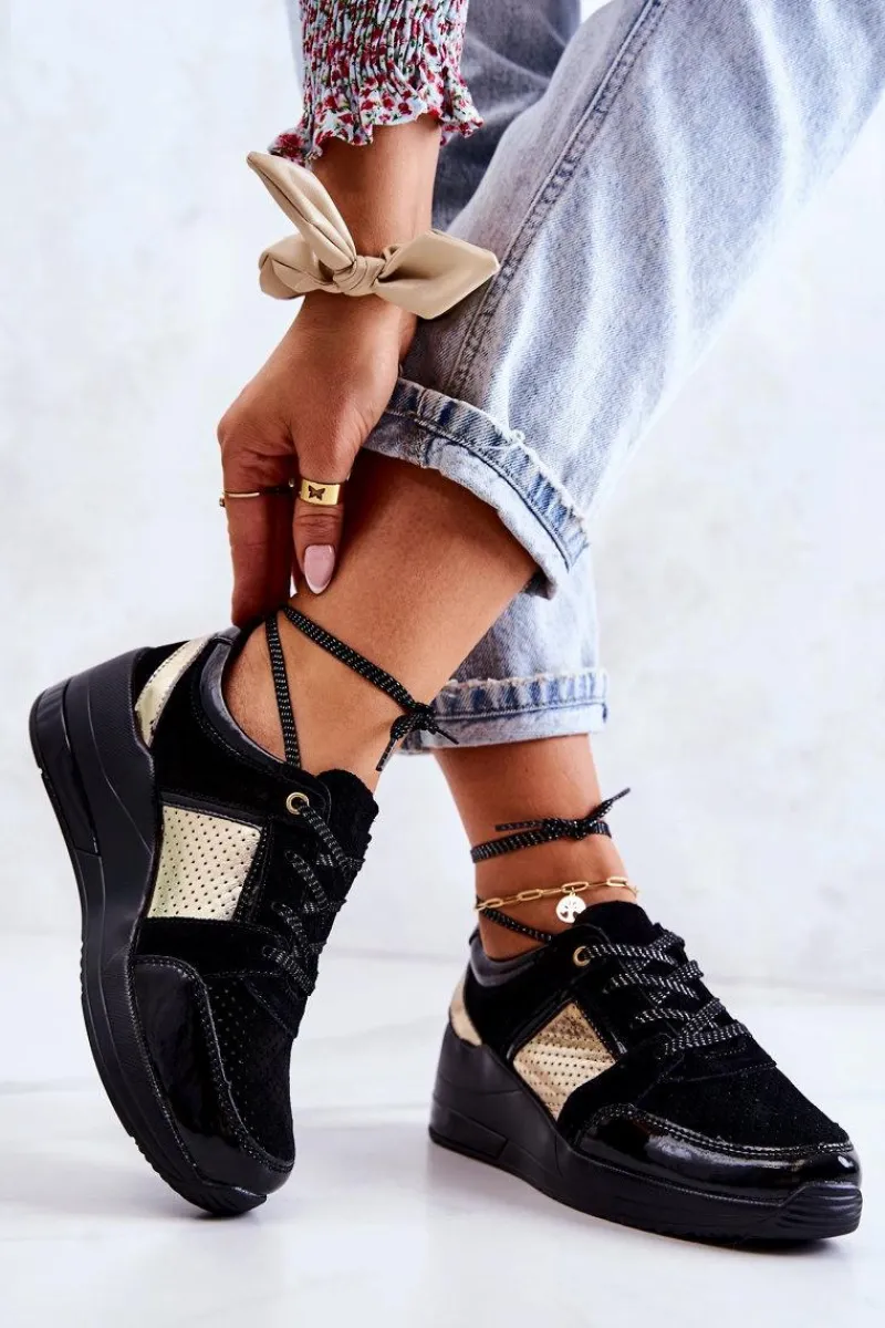 Sneakersy Damskie>Damskie buty S.Barski Damskie Zamszowe Buty Sportowe Na Koturnie Czarne Larson Czarny