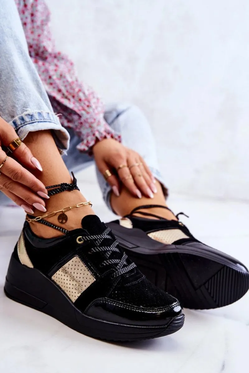 Sneakersy Damskie>Damskie buty S.Barski Damskie Zamszowe Buty Sportowe Na Koturnie Czarne Larson Czarny