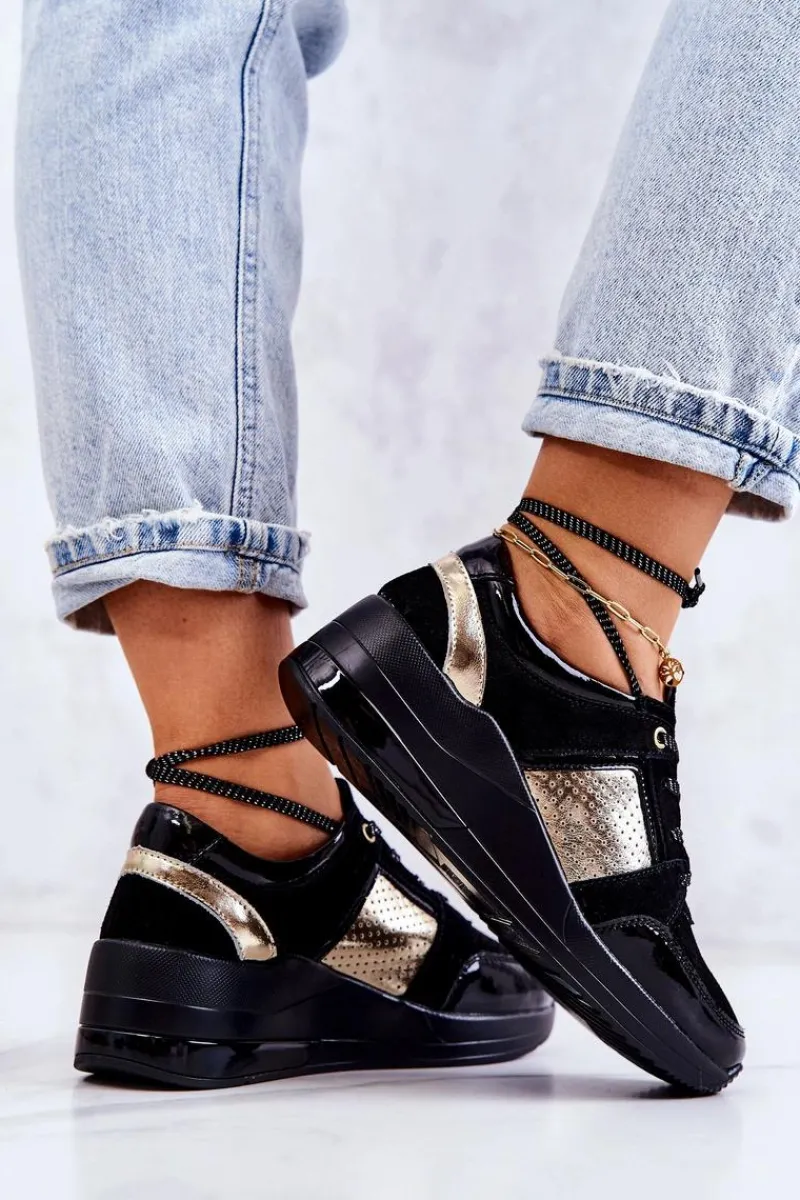 Sneakersy Damskie>Damskie buty S.Barski Damskie Zamszowe Buty Sportowe Na Koturnie Czarne Larson Czarny