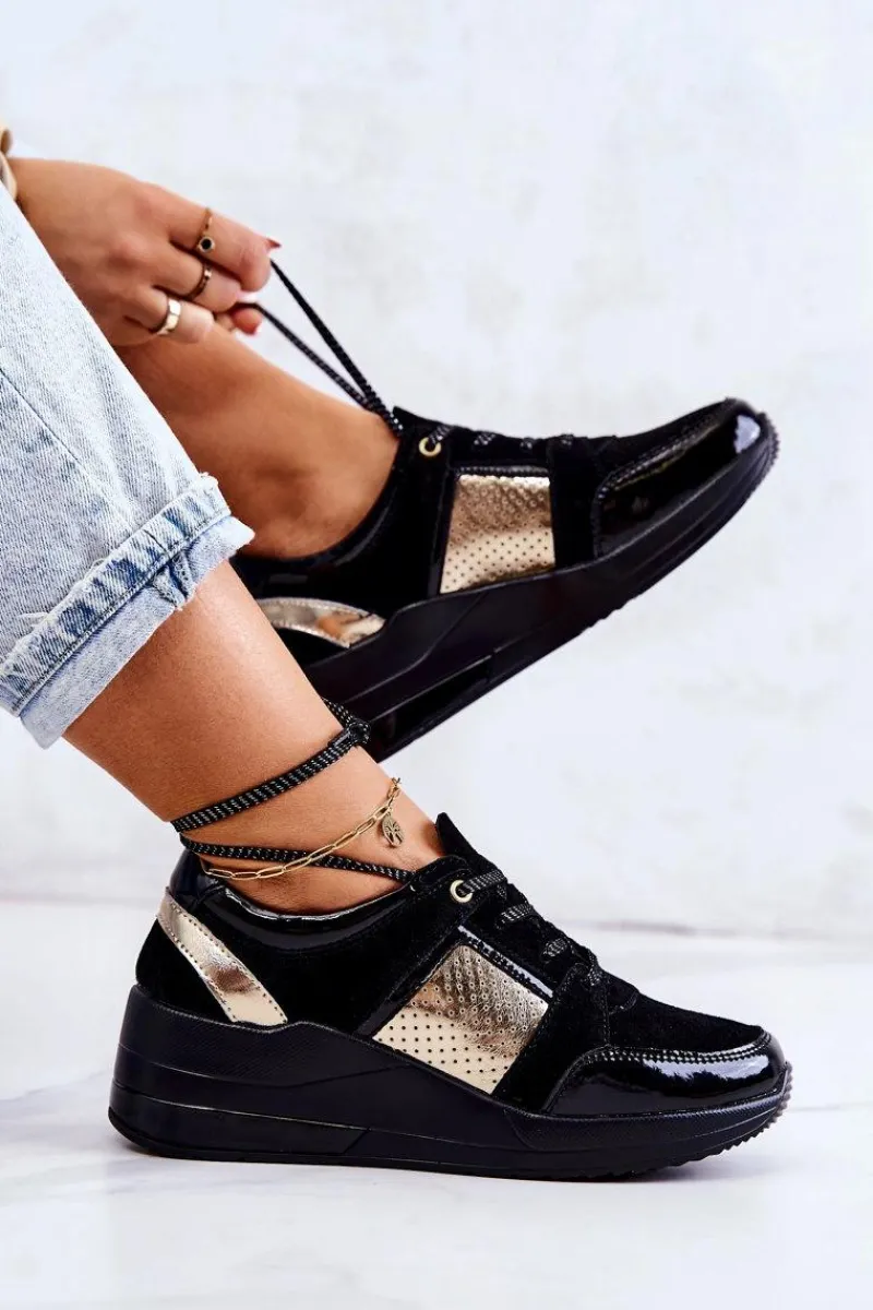 Sneakersy Damskie>Damskie buty S.Barski Damskie Zamszowe Buty Sportowe Na Koturnie Czarne Larson Czarny